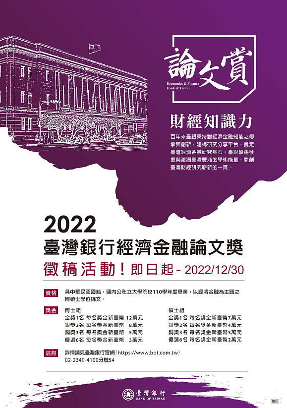 2022臺灣銀行經濟金融論文獎徵稿活動海報