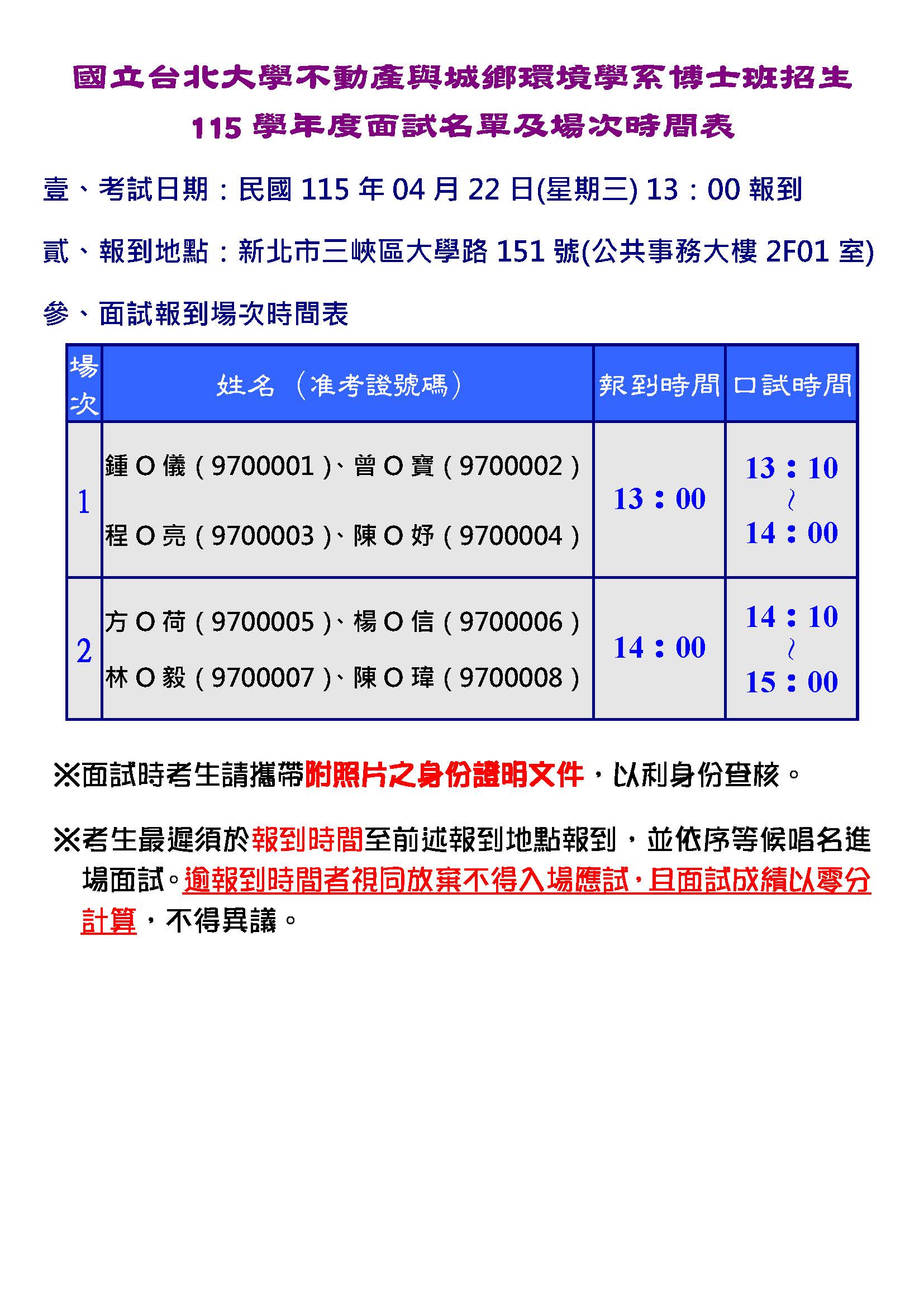 本系115學年度博士班招生入學面試名單暨注意事項